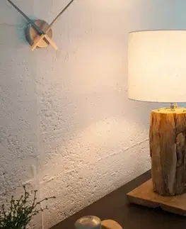 Estila Koloniální dřevěná stolní lampa Pole II s polohovatelným lněným stínítkem v naturální bílé barvě 59-70cm