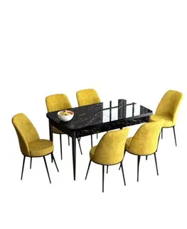 Extendable Dining Table & Chairs Set (7 Pieces) Han - Black Marble, Mustard