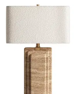Estila Luxusní art deco travertinová stolní lampa Rake v béžové pískové barvě se čtvercovým bouclé bílým bavlněným stínítkem 67 cm