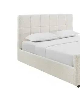 Estila Designová art deco manželská postel Zenni s buklé potahem v krémové barvě se čtvercovým prošíváním a úložným prostorem 190 cm