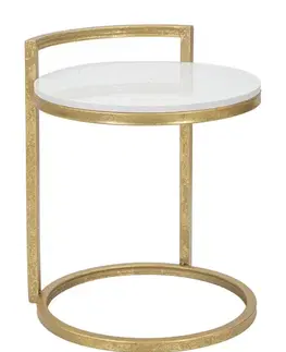 Estila Designový glamour bílý příruční stolek Aurelia kulatého tvaru s mramorovým vzorem se zlatou konstrukcí 50 cm