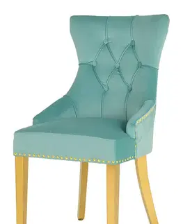 Estila Barokní jídelní židle Modern/Gold Barrock s čalouněním ze světle modrého sametu s diamantovým prošíváním a klepadlem 94 cm