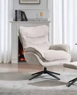 Estila Moderné dizajnové otočné kreslo Velly s béžovým textúrovaným poťahom a čiernou kovovou nohou 95 cm