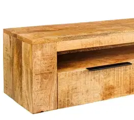 Estila Designový závěsný obdélníkový TV stolek Steele Craft z masivního mangového dřeva se třemi zásuvkami a otevřenou policí 160 cm