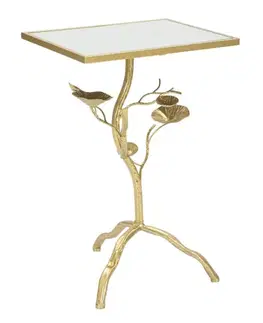 Estila Designový glamour příruční stolek Natura Elegante se zlatou konstrukcí s florálním zdobením a zrcadlovou deskou 60 cm