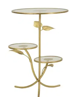 Estila Designový glamour kulatý zlatý kovový příruční stolek Natura Elegante s florálním motivem a skleněnými deskami 69 cm