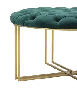 Estila Designová art deco kulatá taburetka Smeraldina se zlatou kovovou podstavou a smaragdově zeleným potahem 49 cm