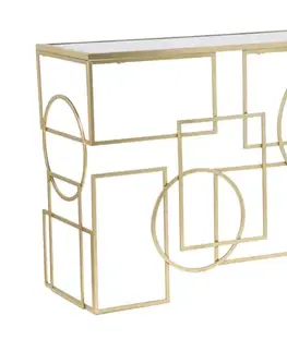 Estila Designový art deco zlatý konzolový stolek Jazzy s geometricky zdobenou podstavou a zrcadlovou vrchní deskou 120 cm