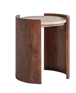 Estila Luxusní art deco kulatý příruční stolek Tivoi s travertinovou béžovou deskou a oblými nožičkami z hnědého mangového dřeva 45 cm