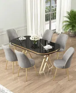Dining Table & Chairs Set (7 Pieces) Lai - Black Marble, Gold, Grey