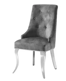 Estila Glamour sivá jedálenská stolička Modern Barock potiahnutá zamatom s přešíváním s chrómovými striebornými nožičkami 100cm