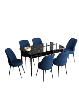 Extendable Dining Table & Chairs Set (7 Pieces) Han - Black Marble, Navy Blue