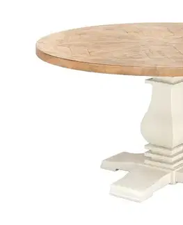 Estila Designový venkovský kulatý jídelní stůl Basil s bílou vyřezávanou nohou a hnědou deskou s parketovým vzorem 140 cm