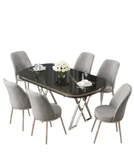 Dining Table & Chairs Set (7 Pieces) Lai - Black Marble, Chrome, Grey