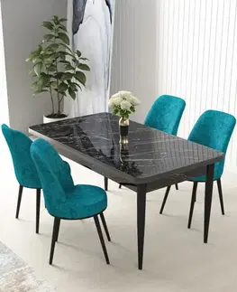 Dining Table & Chairs Set (5 Pieces) Nil - Black Marble, Turquoise