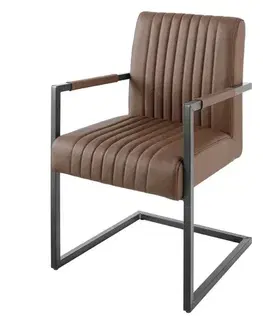 Estila Industriální retro hnědá kožená prošívaná konzolová jídelní židle Inspirativo s černou kovovou konstrukcí 88 cm
