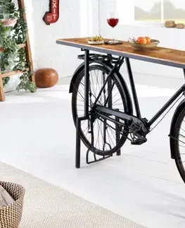 Estila Industriální designový barový pult Bicycle s masivní deskou a černou podstavou s koly 194cm