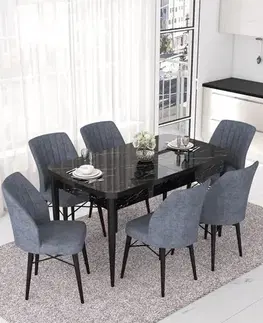 Extendable Dining Table & Chairs Set (7 Pieces) Nef - Black Marble, Fume