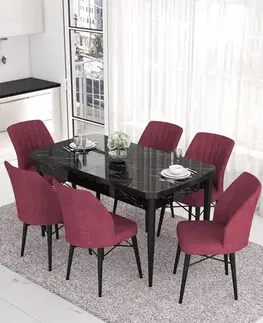 Extendable Dining Table & Chairs Set (7 Pieces) Eva - Black Marble, Burgundy