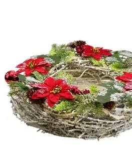 Vánoční zdobený věnec Poinsetie a proutí, 30 cm