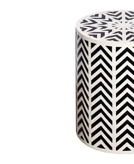 Estila Designový kulatý bílo černý příruční stolek Bone Inlay s geometrickým vzorováním s intarzi z kosti 46 cm