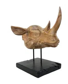 Estila Designová etno hnědá dekorace Rhino z masivního dřeva s černým podstavcem 45 cm