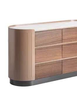 Estila Luxusní designová oválná hnědá komoda Grisham se šesti šuplíky a bílou mramorovou deskou a černou podstavou 140 cm