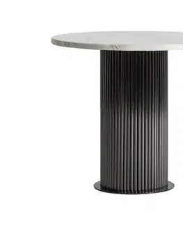 Estila Luxusní art deco mramorový kulatý příruční stolek Lensy s šedou kovovou drážkovanou nohou a bílou vrchní deskou 50 cm