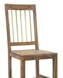 Estila Designová masivní hnědá jídelní židle Saanvi ze sheeshamového dřeva se zlatým kovovým akcentem na opěrce 100 cm