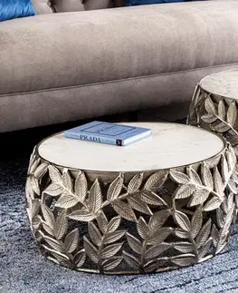 Estila Designová glamour stříbrná sada kulatých konferenčních stolků Basoa s motivem listů a mramorovými deskami 68 cm