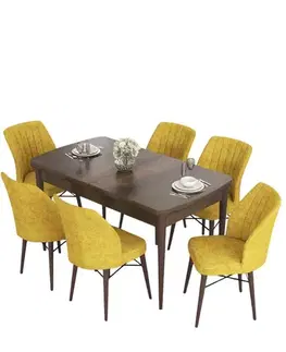 Extendable Dining Table & Chairs Set (7 Pieces) Eva - Baroque, Mustard