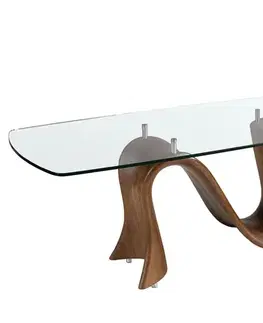 Estila Luxusní skleněný jídelní stůl Vita Naturale s průhlednou obdélníkovou deskou a ořechovou hnědou designovou nohou 220 cm