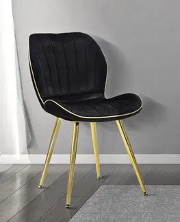 Estila Art deco čalouněná prošívaná jídelní židle Dorena se sametovým černým potahem a zlatými kovovými válcovými nožičkami 77 cm