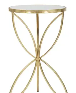 Estila Art deco kulatý kovový zlatý příruční stolek Kolan s geometrickou nohou a vrchní zrcadlovou deskou 60 cm