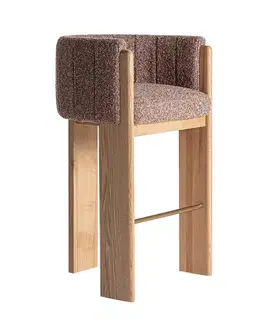 Estila Luxusní skandinávská masivní barová židle Navagio s čalouněným růžovým opěradlem ve tvaru U a třemi hnědýma nohama 95 cm