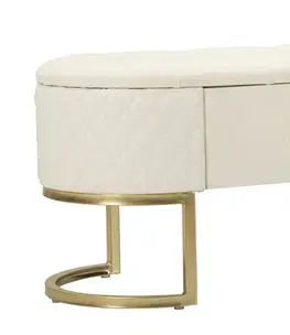 Estila Glamour krémová oválná lavice Glamia Tapisé s koženým potahem s ozdobným prošíváním se dvěma šuplíky a zlatou podstavou 120 cm