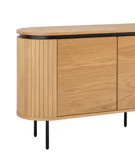 Estila Designový art deco oválný příborník Maderia v dubové hnědé barvě se třemi hladkými dvířky a drážkovaným reliéfem 160 cm