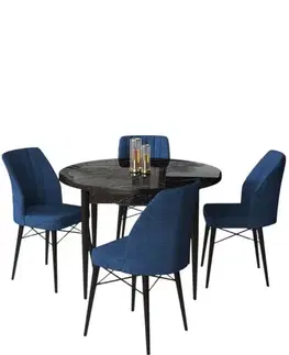 Dining Table & Chairs Set (5 Pieces) Rox - Black Marble, Navy Blue