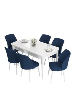 Extendable Dining Table & Chairs Set (7 Pieces) Eva - White, Navy Blue