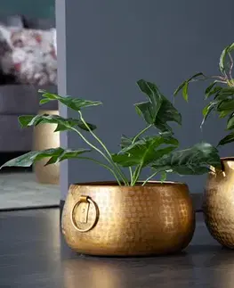 Estila Orientální designový set nízkých zlatých květináčů Cobre ze slitiny kovu s kulatými rukojeťmi 37m