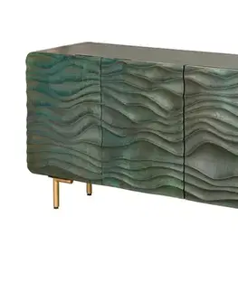 Estila Stylový čtyřdveřový art deco příborník Tyrquis v tyrkysové barvě s vyřezávanými reliéfy a zlatými nožičkami 160 cm