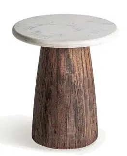 Estila Luxusní mramorový kulatý příruční stolek Colton s bílou vrchní deskou a hnědou nohou z masivního dřeva 45 cm