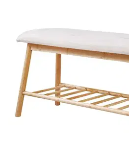 Estila Designová skandinávská lavice Bobby se světlým hnědým bambusovým rámem s policí a čalouněným béžovým sedadlem 90 cm