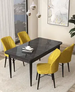 Dining Table & Chairs Set (5 Pieces) Arp - Black Marble, Mustard