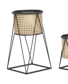 Estila Glamour sada kulatých květináčů Sienna s perforovaným hnědým košíkem a černým geometrickým kovovým rámem 40 cm