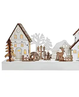 Solight LED vánoční vesnička, 34x17cm, dřevo, 4 LED, 2x AA