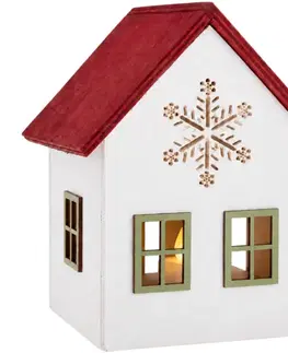 Dřevěný svícen Domek s vločkou LED, 15 cm, červená