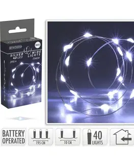 Světelný drát Silver, 2m, 40 LED, studená bílá, časovač, na baterie