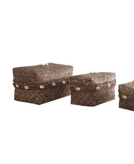 Estila Stylový etno set tří obdélníkových ratanových hnědých krabiček Taba se vzorem rybí kosti v hnědé barvě s mušlemi 20 cm