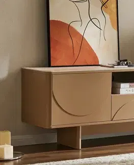 Estila Designový art deco TV stolek Savonia s úložným prostorem v hnědé barvě s travertinovou deskou a geometrickým reliéfem 150 cm